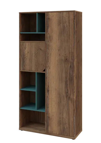 KSR6-83 P skříň šatní, 1x výsuvné ramínko, dvířka, niky, 2053x1022x400 mm, provedení pravé, korpus a dvířka dub halifax cínový/police světle petrolejová